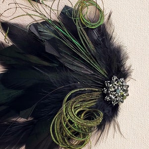 Belle Epoch Black And Green Feather Hair Clip, Flapper Headpiece, Saloon Girl, Roaring 20s onyx silver