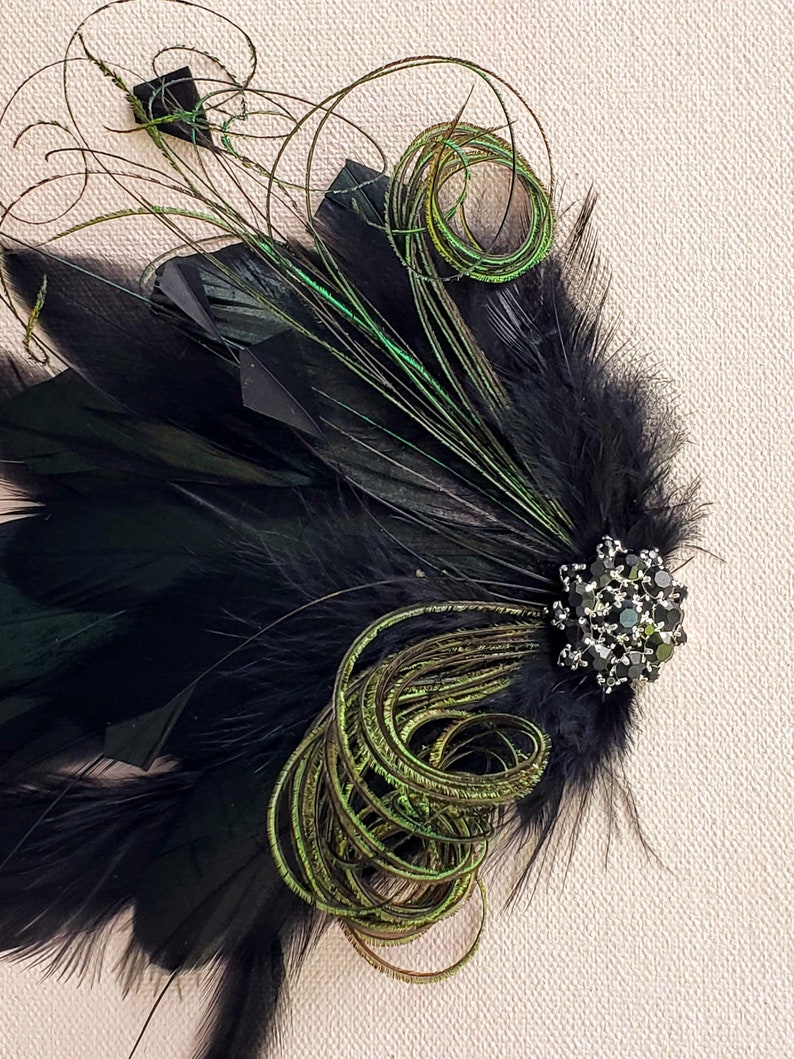 Belle Epoch Black And Green Feather Hair Clip, Flapper Headpiece, Saloon Girl, Roaring 20s onyx silver