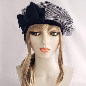Mini Beret Plaid Wool Beret in Black and White, Mini Beret With Bow, Hat, Tam ...