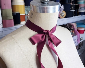 Claret Vintage Satin Ribbon Choker, bow choker, ribbon necklace, Belle Epoch, jabot, side bow with clasp