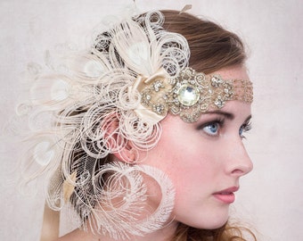 Flapper Headband Antique Gold Nymph Ivory Peacock Feather Headband, Gatsby Style