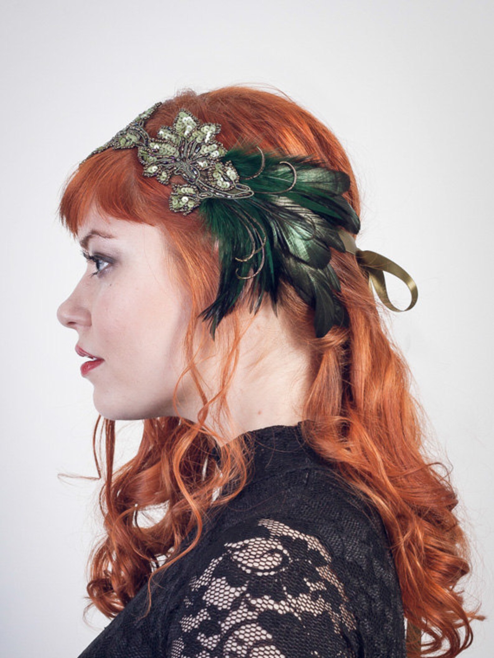 Art Nouveau Flapper Headband Emerald Peacock Green Feather Etsy
