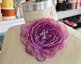 Mauve Silk Flower and Velvet ribbon choker, flower necklace, belle epoch, flower corsage, jabot, vintage style