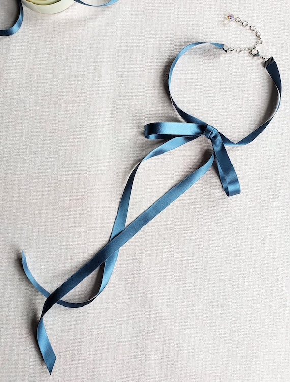 Blue Vintage Satin Ribbon Choker, Bow Choker, Ribbon