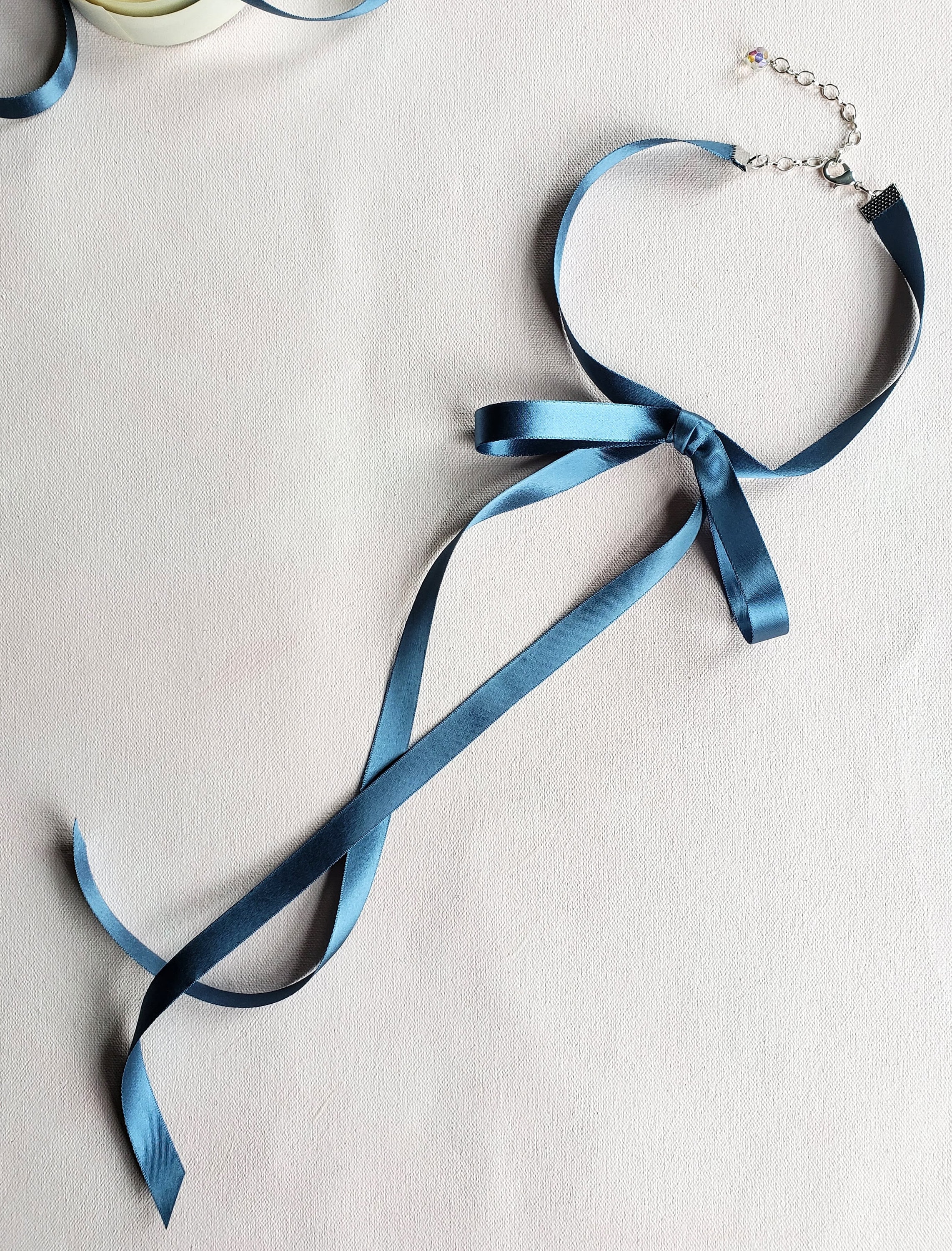 Blue Vintage Satin Ribbon Choker, Bow Choker, Ribbon Necklace