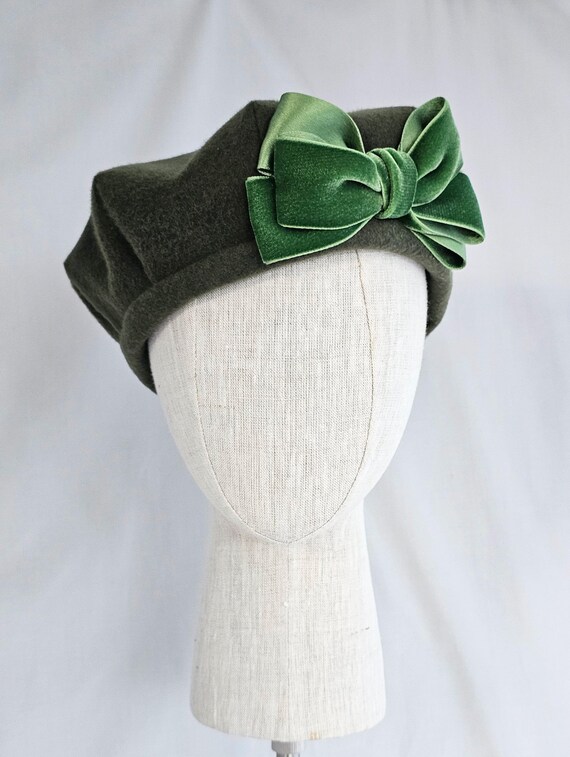 Moss Green Tam, Women's Bow Beret, Millinery, Fabric Hat