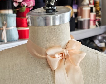 Pastel Peach Silk Ribbon Bow Choker, jabot, bow tie, women's accessories, wedding bridal, handmade