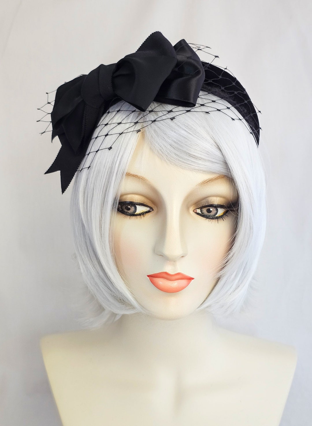 Victorian Black Ribbon and Veil Headband, Millinery, Fascinator