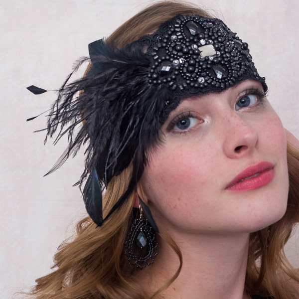 Louise Brooks Black Lace Flapper Feather Headband