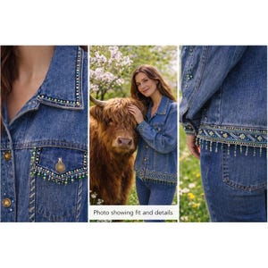 May include: A denim jacket with intricate beadwork and fringe detailing. The jacket features a classic collar, button-down front, and pockets adorned with green and white beads. The cuffs and hemline are embellished with a beaded design. The jacket is a medium wash blue.