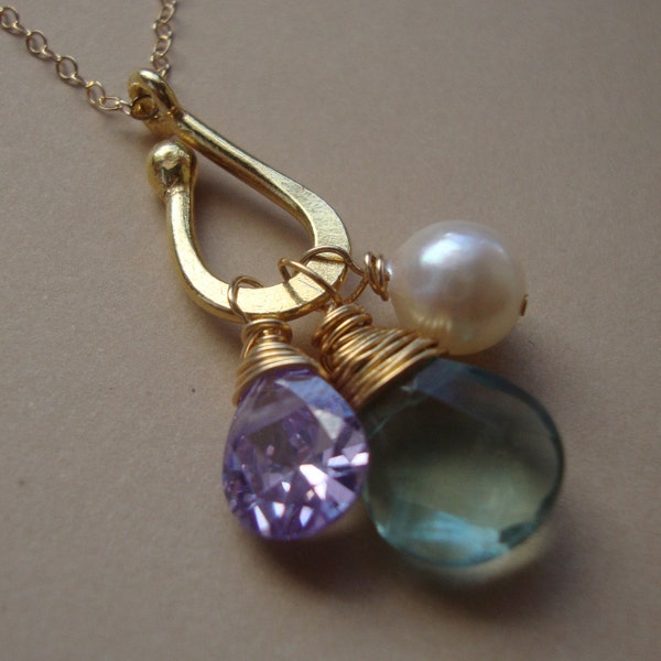 Multi Gems  Necklace14kt Gold Filled -  Wire Wrapped Gems, Vermeil, Gemstones- Add your own charm    DREAMY