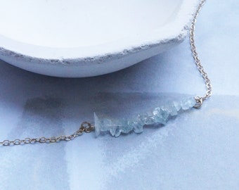 Delicate Aquamarine Necklace March Birthstone Raw Aquamarine Jewelry Dainty 14kt Gold Filled Gemstone Bar Necklace Natural Rough Gems