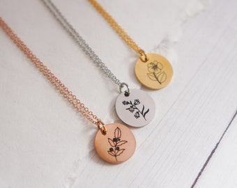 Dainty Birth Flower Necklace Month Flower Birthday Gift Disc Necklace Layering Necklace Rose Gold Silver Gold Flower Necklace Gift