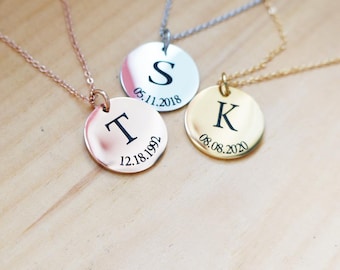 Initial and Date Disc Necklace Personalized Initial Necklace Mother's Gift Graduation Necklace Custom Necklace for Women Letter Necklace