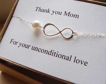 Gift for Mom Mothers Day Gift  Sterling Silver Infinity Bracelet Wedding Bridal Shower Jewelry Mother of the bride groom