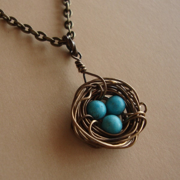 Bird Nest Necklace, Rustic Design in Antique Brass with Turquoises, birds little wire wrapped nest by lizix26