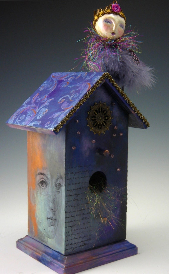 Moon Bird Mixed Media Birdhouse E Class Etsy
