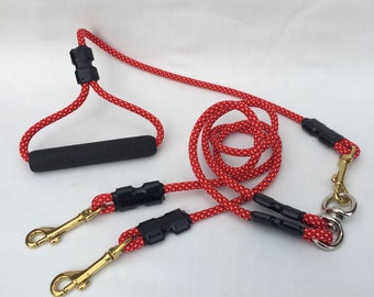Coupler & Dog Leash, For 2 Small or Medium Dogs, No Tangle Splitter, 7mm Orange and Red Climbing Cord, Handmade USA