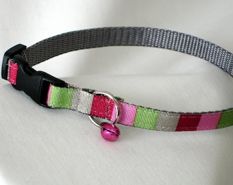 Pink Red and Grey Cat Collar, Safety Breakaway Buckle, 3/8 Inch Wide, Adjustable 7 To 11 Inches