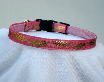 Dusty Coral Cat Collar With Gold Foil Feathers, Safety Breakaway Buckle, 3/8 Inch Wide, Adjustable 7 To 11 Inches