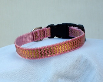 Pink With Gold Foil Small Dog Collar, 1/2 Inch Wide, Adjustable 7 To 11 Inches