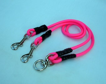 Neon Pink Coupler For 2 Medium Or Large Dogs, No Tangle Tandem Dog Leash, 7mm Day Glow Pink Rope, Neon Pink 2 Dog Leash Splitter