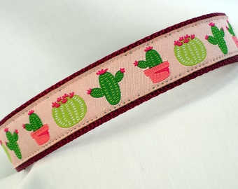 Pink Cactus Large Dog Collar, 1 Inch Wide, Adjustable 14 To 23 Inches, Succulents Large Dog Collar, XL Cactus Dog Collar