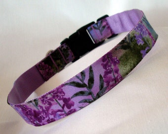 Fireweed Dog Collar, 1 Inch Wide, Adjustable, Purple Floral, Alaska, Medium and Large Sizes