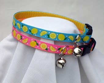 Lemon Cat Collar, Safety Breakaway Buckle, 3/8 Inch Wide, Adjustable 7 To 11 Inches, Handmade USA