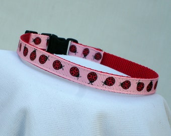 Ladybug Cat Collar, Safety Breakaway Buckle, 3/8 Inch Wide, Adjustable 6-11 Inches, Handmade USA