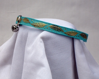 Aqua Cat Collar: Gold Foil Feathers, Safety Breakaway, Handmade USA