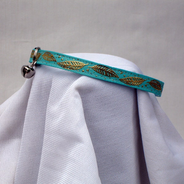 Aqua Cat Collar With Gold Foil Feathers, Safety Breakaway Buckle, 3/8 Inch Wide, Adjustable 7 To 11 Inches