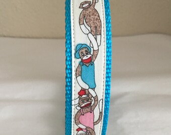 Sock Monkeys Large Dog Collar, 1 Inch Wide, Adjustable 14-23 Inches