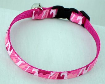 Pink Camouflage Cat Collar, Safety Breakaway Buckle, 3/8 Inch Wide, Adjustable 7-11 Inches, Handmade USA