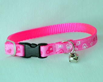 Pink Hearts Cat Collar, Safety Breakaway Buckle, 3/8 Inch Wide, Adjustable 7 To 11 Inches, Neon Pink Cat Collar