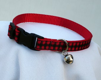 Red Buffalo Plaid Cat Collar, Breakaway Safety Buckle, Adjustable 7-11 Inches, Handmade USA