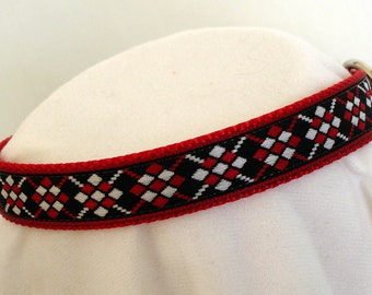 Red and Black Argyle Dog Collar, 3/4 Inch Wide, Adjustable 11 To 18 Inches, Westie Dog Collar, Scottie Dog Collar