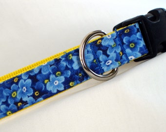 Forget Me Not Medium Dog Collar, 3/4 Inch Wide, Adjustable 11-18 Inches, Alaska State Flower, Handmade USA