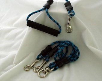 Coupler Leash For 2 Small Dogs, No Tangle Leash Splitter, 6mm Turquoise and Navy Blue Climbing Cord, Complete Set