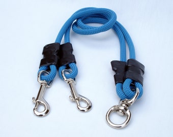 Dog Coupler For 2 Medium or Large Dogs, No Tangle Splitter and Short Leash, 8mm Blue Climbing Rope, Handmade USA