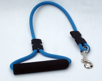 Climbing Rope Dog Leash, Foam Handle Grip, 8mm Blue Rope, Any Length, Custom Made, Super Strong, Handmade USA