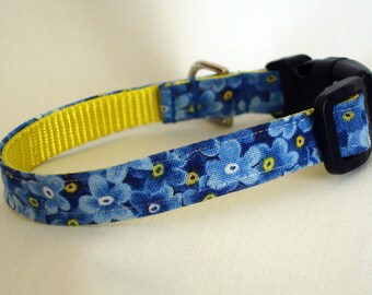 Alaskan Small Dog Collar, 1/2 Inch Wide, Adjustable, Floral, Forget Me Nots, Handmade USA