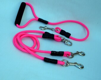 Neon Pink Coupler For 2 Medium or Large Dogs, No Tangle Tandem Splitter, 7mm Day Glow Pink Rope