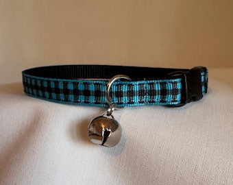 Blue Plaid Cat Collar, Safety Breakaway Buckle, 3/8 Inch Wide, Adjustable 6-11 Inches, Handmade USA