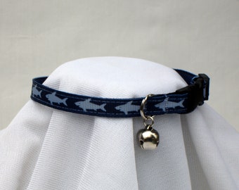 Shark Cat Collar, Safety Breakaway Buckle, 3/8 Inch Wide, Adjustable 6-11 Inches, Handmade USA