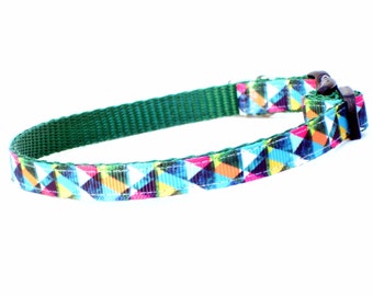 Teal Kaleidoscope Cat Collar, Safety Breakaway Buckle, 3/8 Inch Wide, Adjustable 7 To 11 Inches