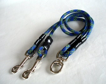 Purple Dog Coupler, 2 Medium or Big Dogs, No Tangle Leash Splitter, 8mm Purple & Neon Green Climbing Rope, Handmade USA