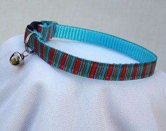 Turquoise & Orange Striped Cat Collar: Safety Breakaway Buckle, Adjustable, Handmade USA