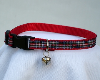 Red Tartan Plaid Cat Collar, Safety Breakaway Buckle, 3/8 Inch Wide, Adjustable 7-11 Inches, Handmade USA