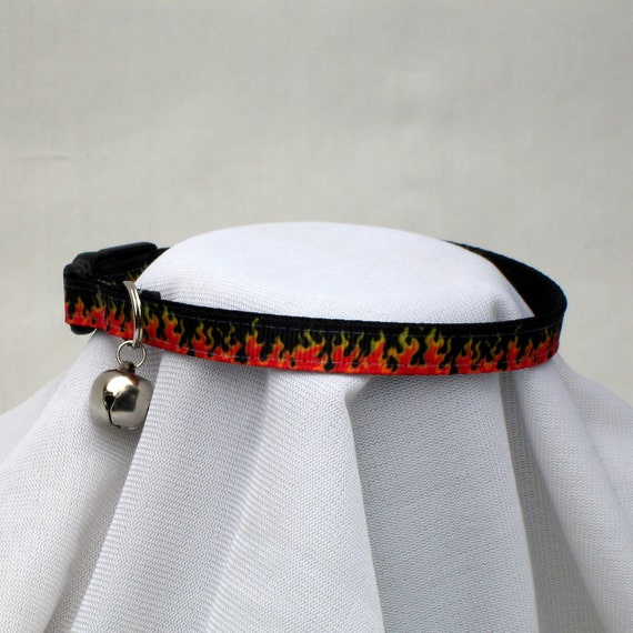 Flames Cat Collar, Safety Breakaway Buckle, 3/8 Inch Wide, Adjustable 6-11 Inches, Handmade USA